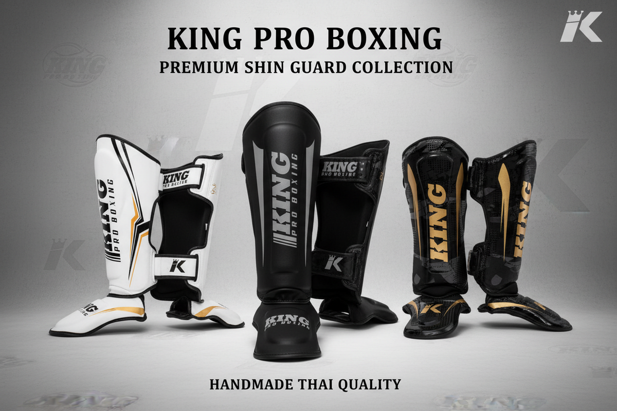 King Pro Boxing scheenbeschermers handgemaakt in Thailand van premium leer voor professionele bescherming en duurzaamheid