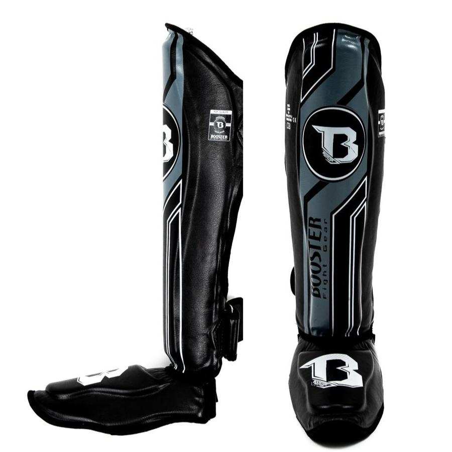 Booster Scheenbeschermers V9 Pro zilver, handgemaakt leer met meerlaagse foam, optimale bescherming en comfort voor kickboksen en MMA
