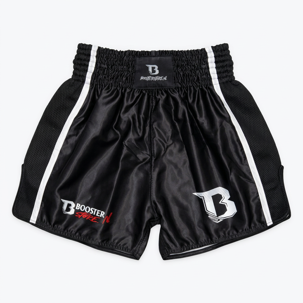 Booster Active Dry zwarte fight set – vooraanzicht Muay Thai-short met meshzijpanelen en witte biezen