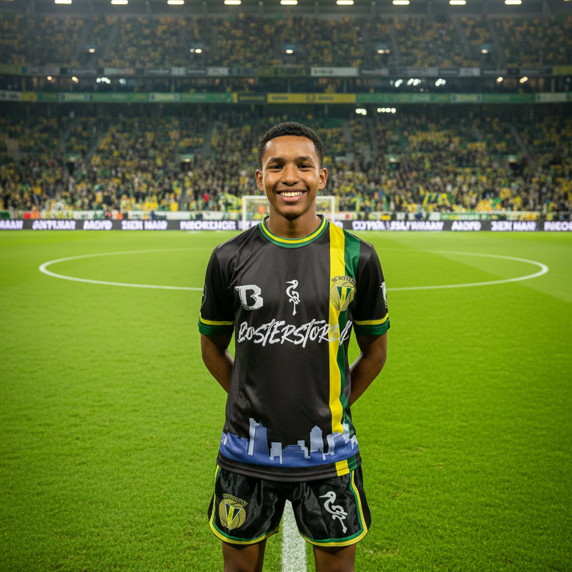 FC Den Haag x Booster Fight T-Shirt – Vooraanzicht, jongeman draagt shirt op voetbalveld, old school print