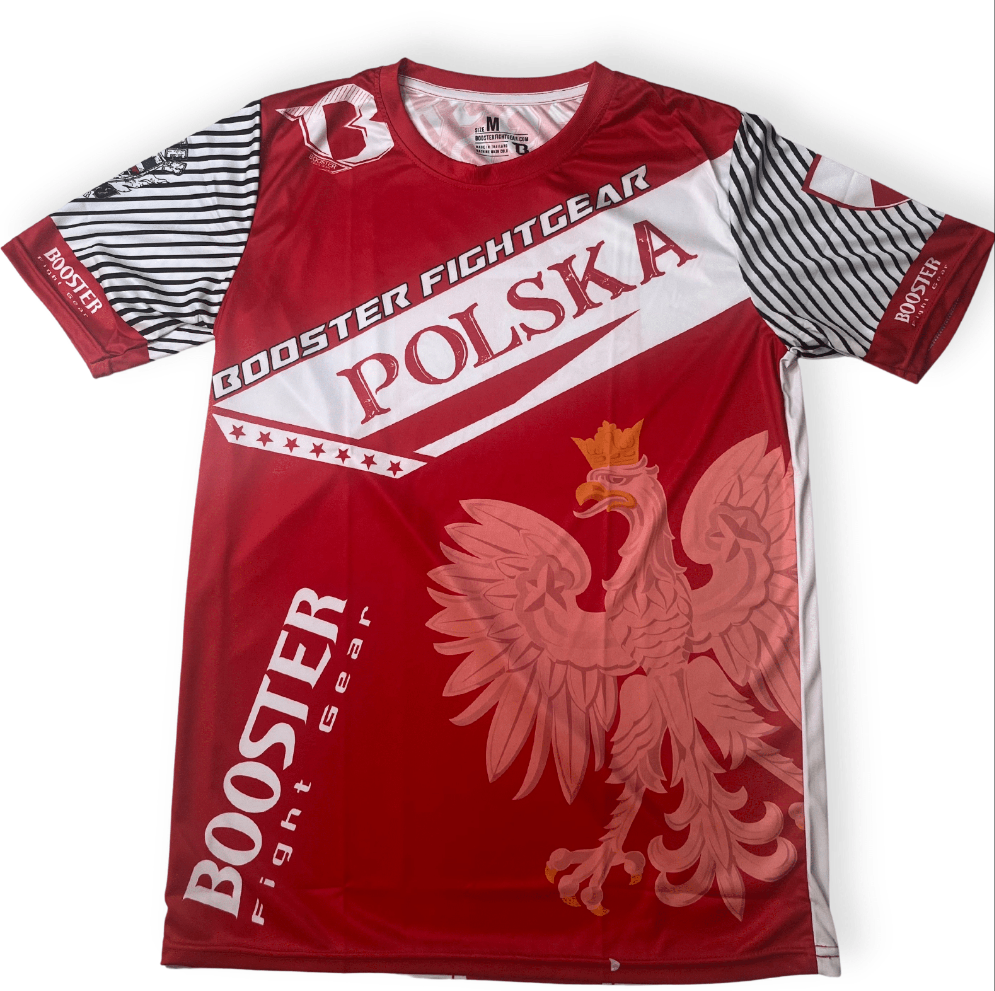 Booster Polska Fight Shirt met Poolse vlag en symbolen, unisex vechtsportshirt voor kinderen en volwassenen.