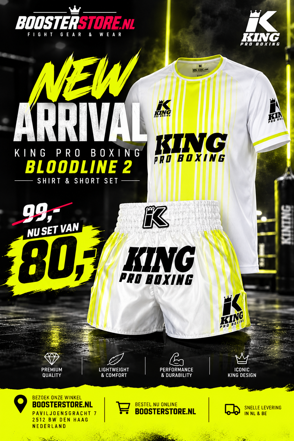 KING PRO BOXING Bloodline 2 set – promotieposter met wit-neongeel shirt en Muay Thai-short voor €80