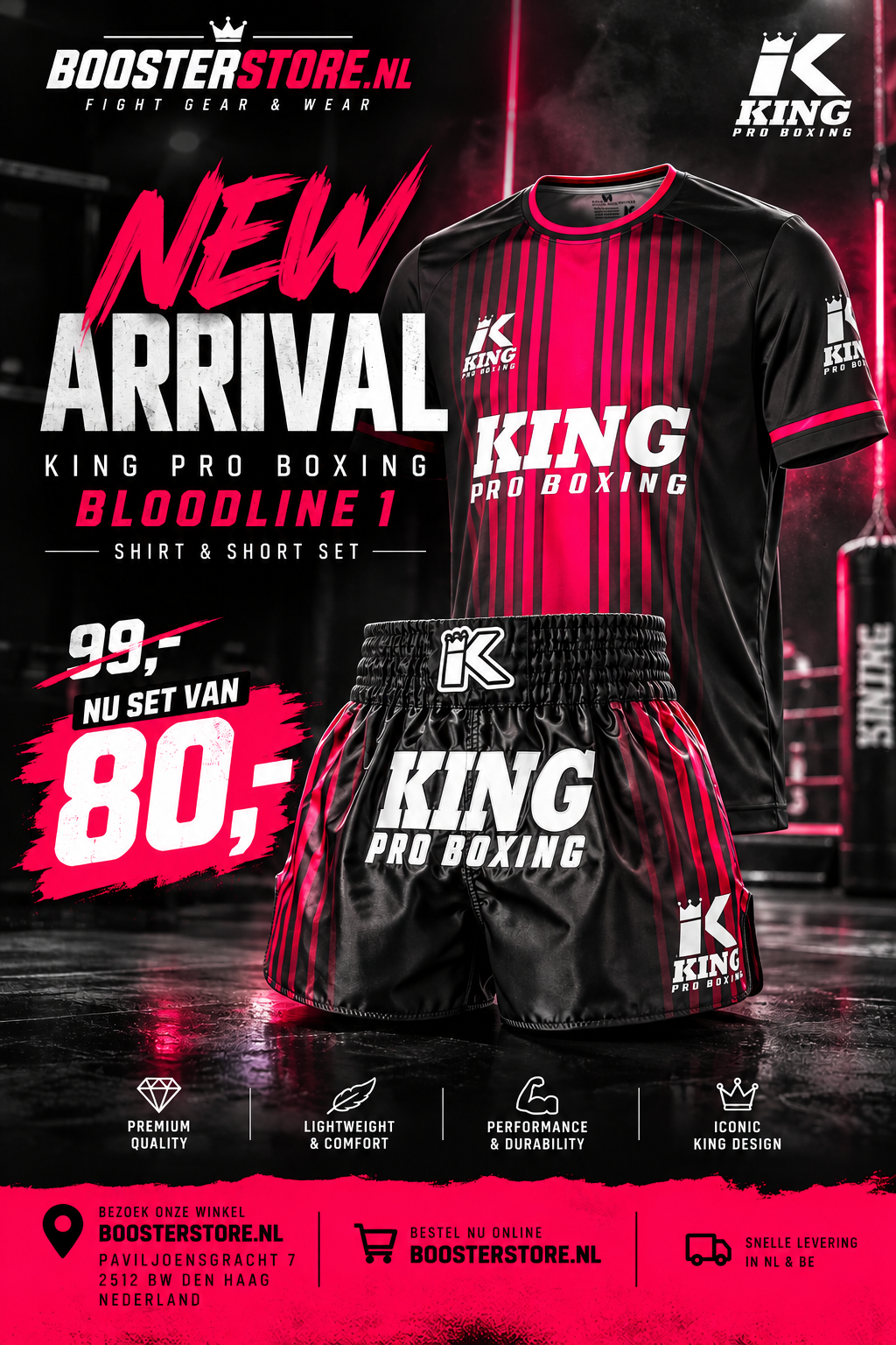 KING PRO BOXING Bloodline 1 set – promotieposter met zwart-rood shirt en shorts en setprijs €80