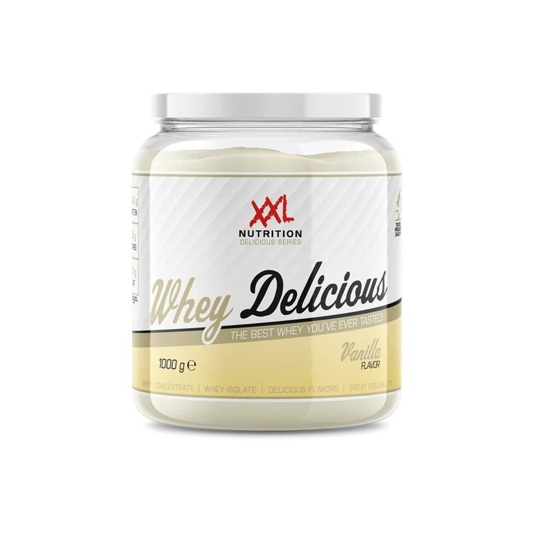 Eiwitpoeder in een witte kunststof pot met goudkleurige accenten en vanillesmaak, XXL Nutrition Whey Delicious.