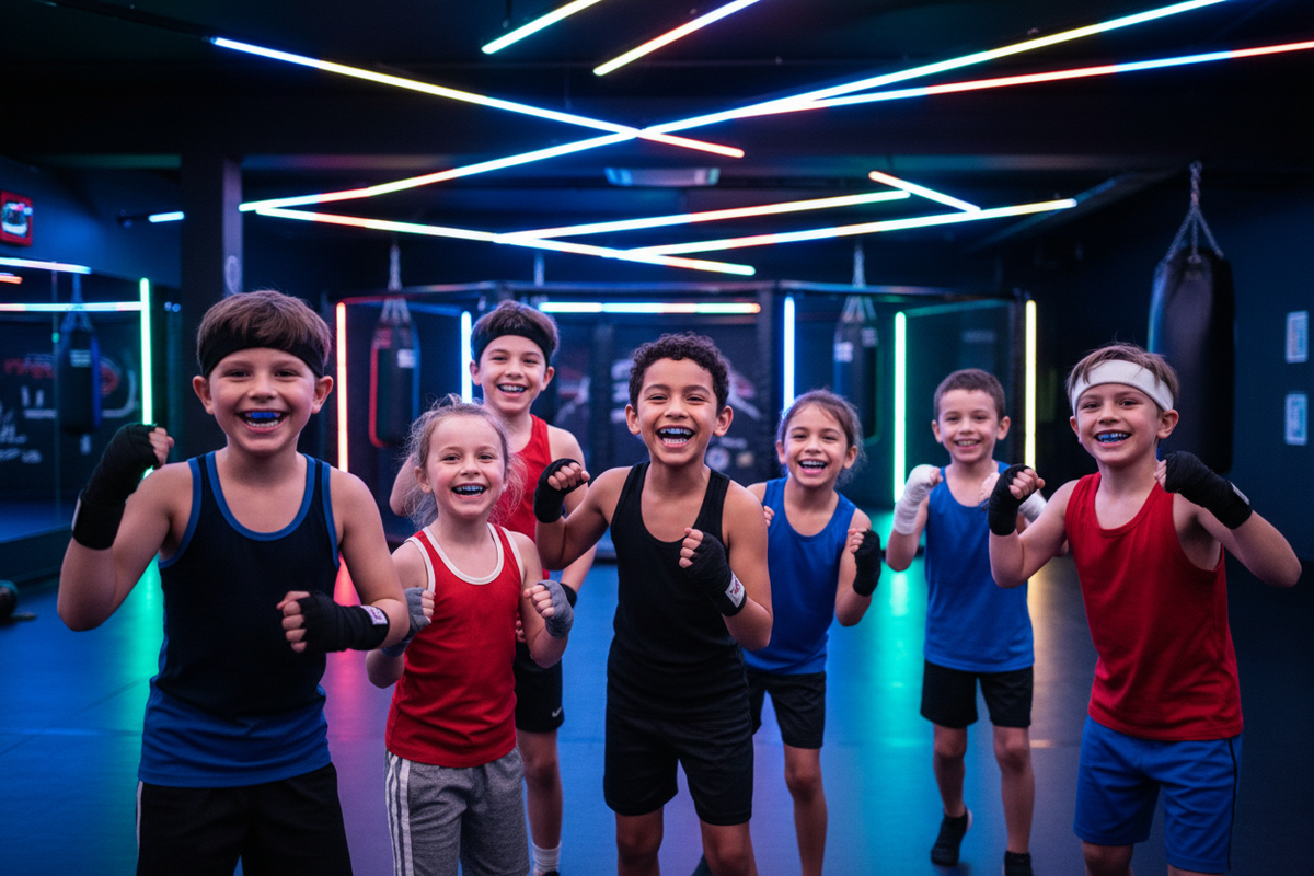 Blije kinderen met bitje in LED gym