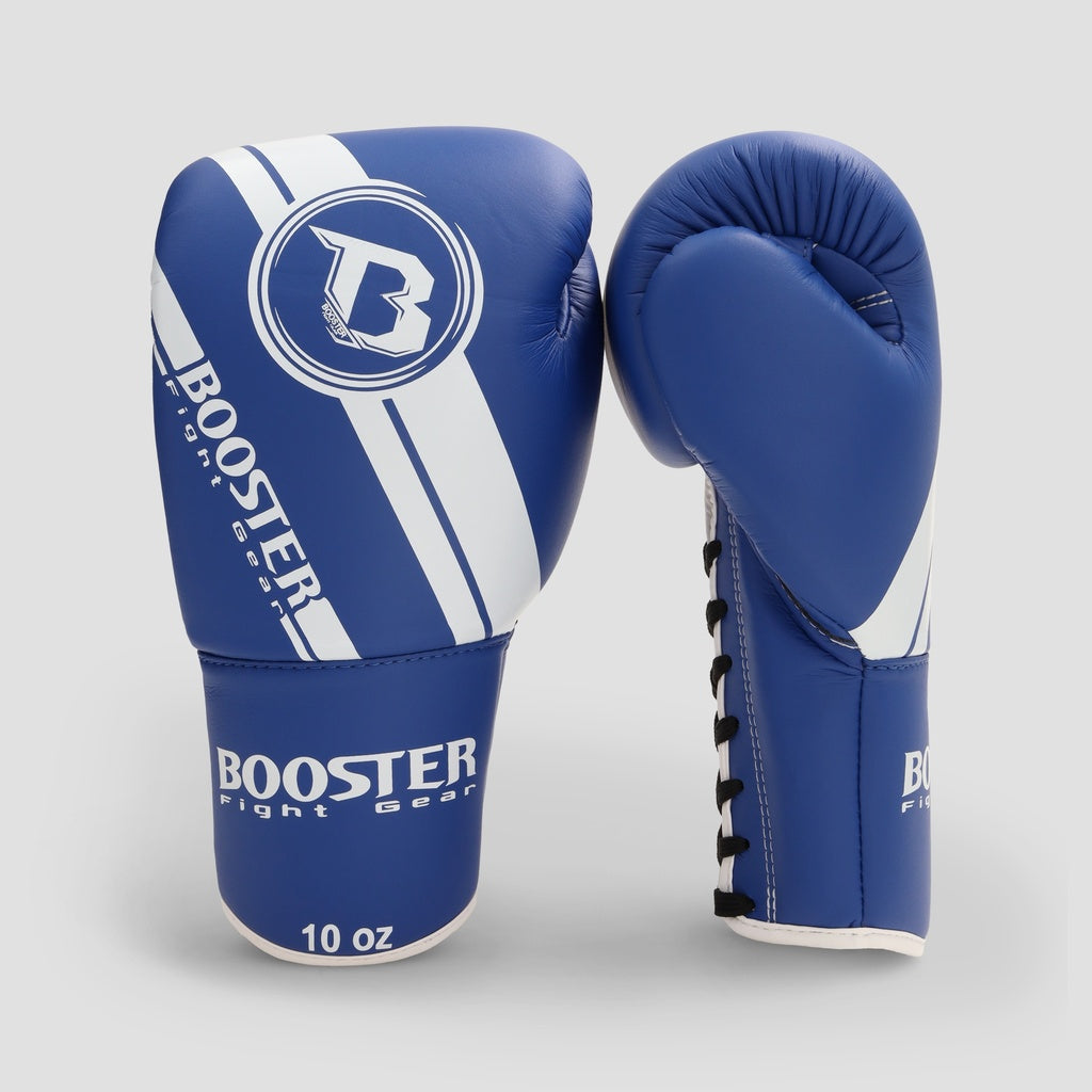 Booster BGL 1 V3 Laces Blue 10 oz – paar blauwe bokshandschoenen met witte Booster-details en zwarte veters