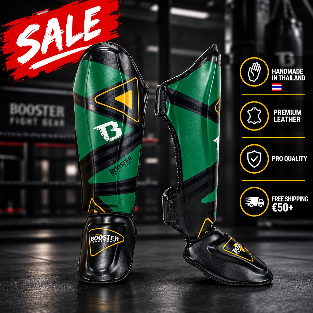 Booster Pro V10 lederen scheenbeschermers zwart/ groen