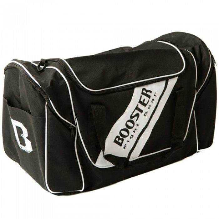 Zwarte nylon TEAM DUFFEL BAG met witte accenten, grote zijvakken met ritssluiting en verstelbare schouderriem, Booster logo zichtbaar.