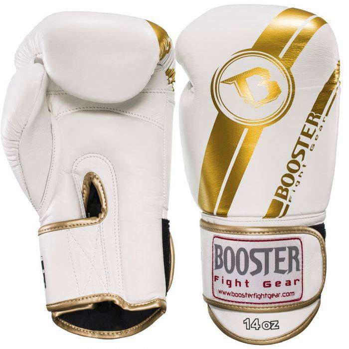 Booster V3 lederen bokshandschoenen white/gold met premium Skintex leer en dubbele klittenband