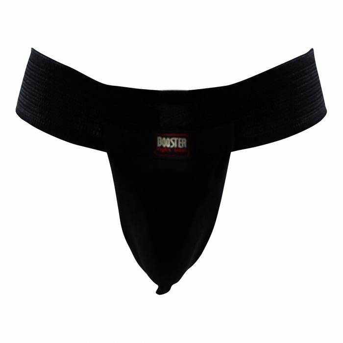 Booster G2 Kruisbeschermer van zwart textiel met brede elastische tailleband en anatomisch gevormd beschermpand.