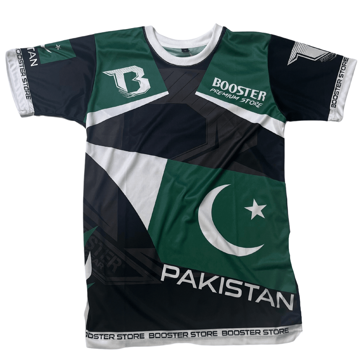 Pakistan Booster Fightshirt met vechtsport symbolen en Pakistaanse vlag in diverse maten voor sport en casual gebruik