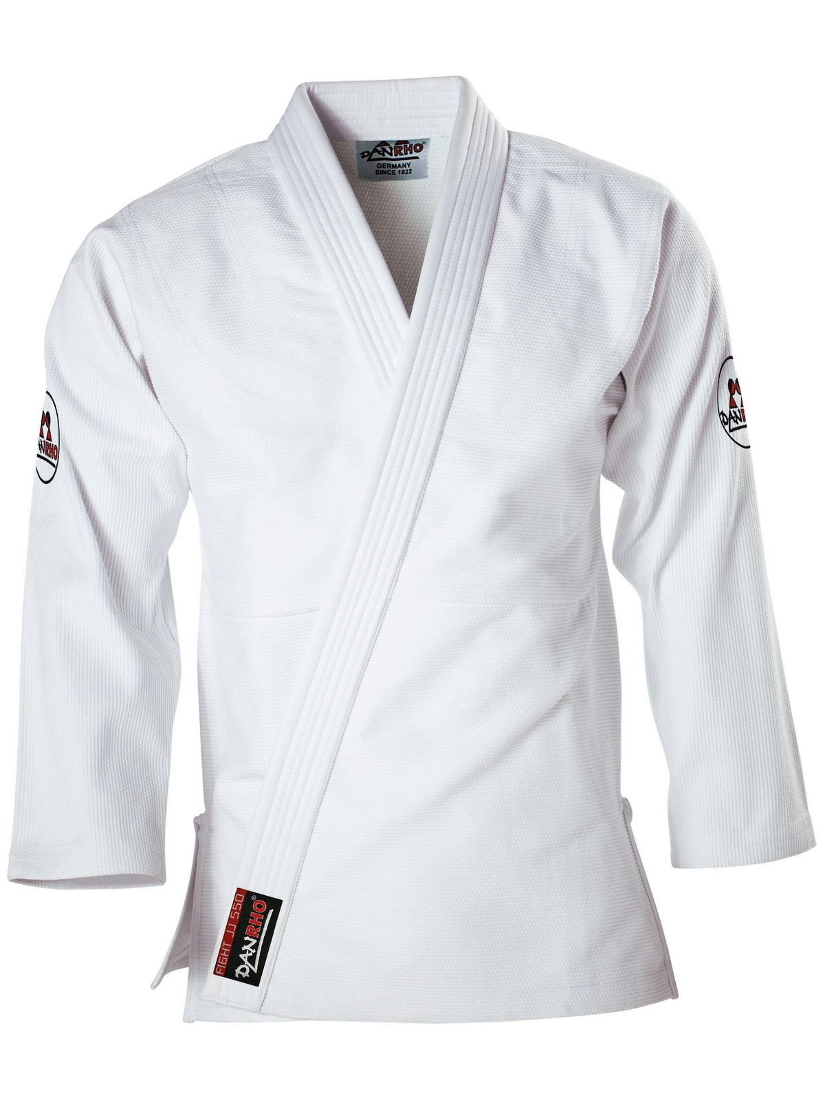 DANRHO Fight light 350 Ju-Jutsupak wit – vooraanzicht van jas met kraag en schouderlogo’s