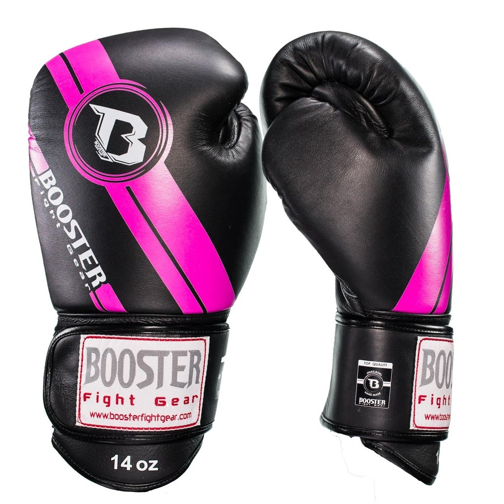 Roze Booster V3 leren bokshandschoenen handgemaakt in Thailand met dubbele klittenbandsluiting en ademende voering