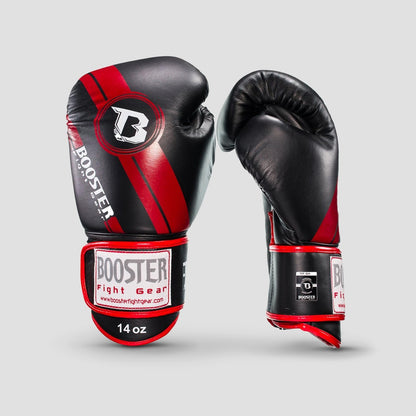 Booster V3 bokshandschoenen zwart rood van premium Skintex leer, handgemaakt in Thailand met anatomische pasvorm en dubbele klittenbandsluiting