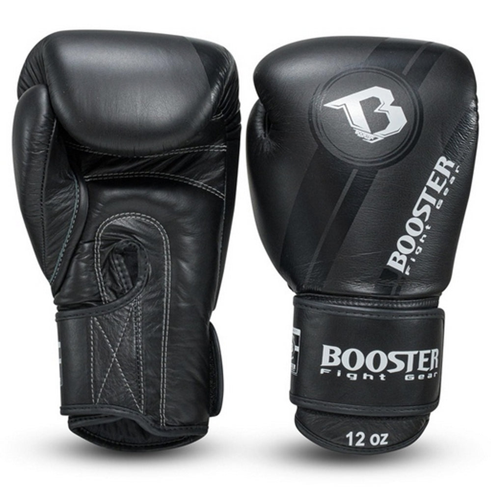 Booster V3 Pro lederen bokshandschoenen black 14oz vooraanzicht / Booster V3 Pro leather boxing gloves black  front view