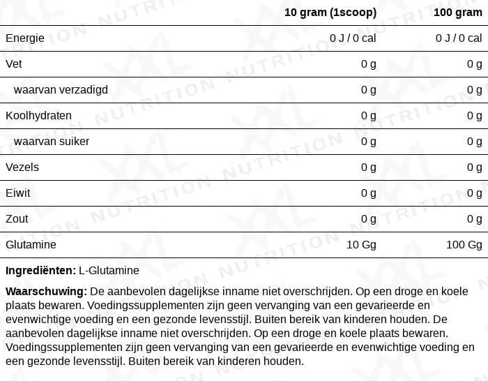 	XXL Nutrition Glutamine 500g ingrediënten - 100% Pure L-Glutamine Supplement