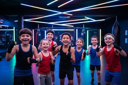 Blije kinderen met bitje in LED gym