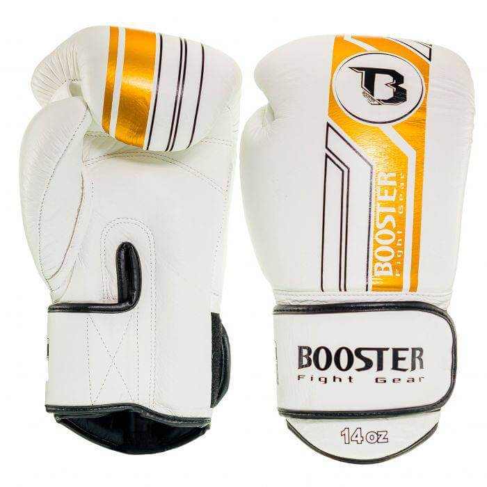 Booster V9 Kickboks Set Wit/Goud – wit-gouden V9-bokshandschoenen van 14 oz, handpalm- en buitenzijde
