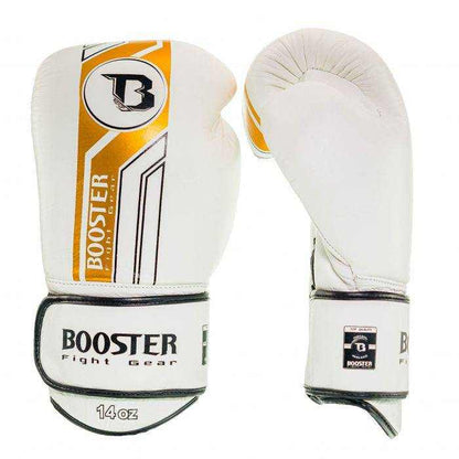 Booster V9 Kickboks Set Wit/Goud – wit-gouden V9-bokshandschoenen van 14 oz, voor- en achteraanzicht