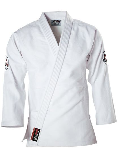 DANRHO Fight light 350 Ju-Jutsupak wit – vooraanzicht van jas met kraag en schouderlogo’s