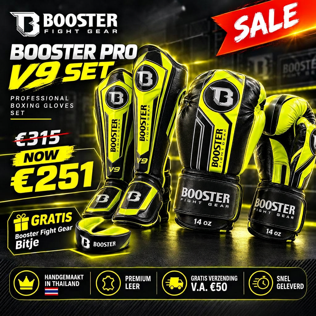 Booster V9 kickboksset neon geel – aanbiedingsafbeelding met bokshandschoenen, scheenbeschermers en zwart bitje