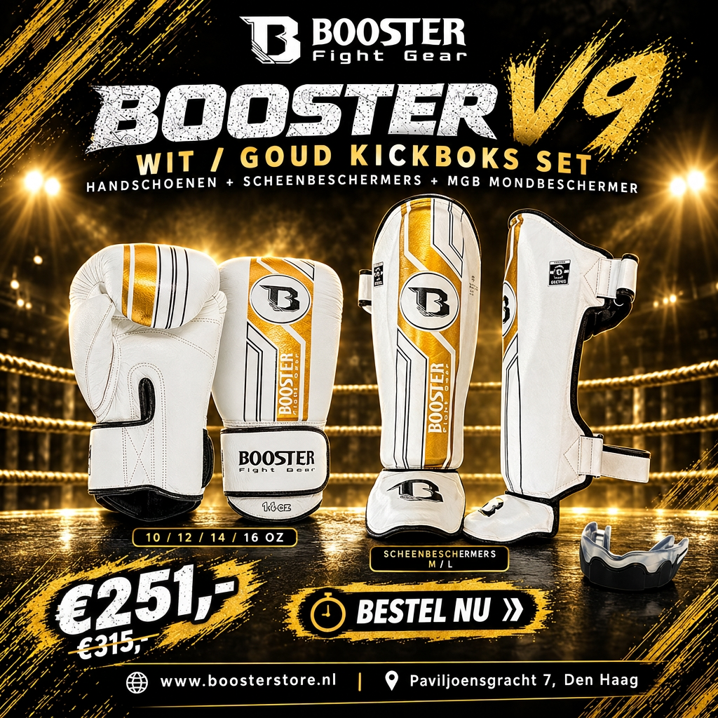 Booster V9 Kickboks Set Wit/Goud – flyer met bokshandschoenen, scheenbeschermers en zwart-transparante MGB-mondbeschermer