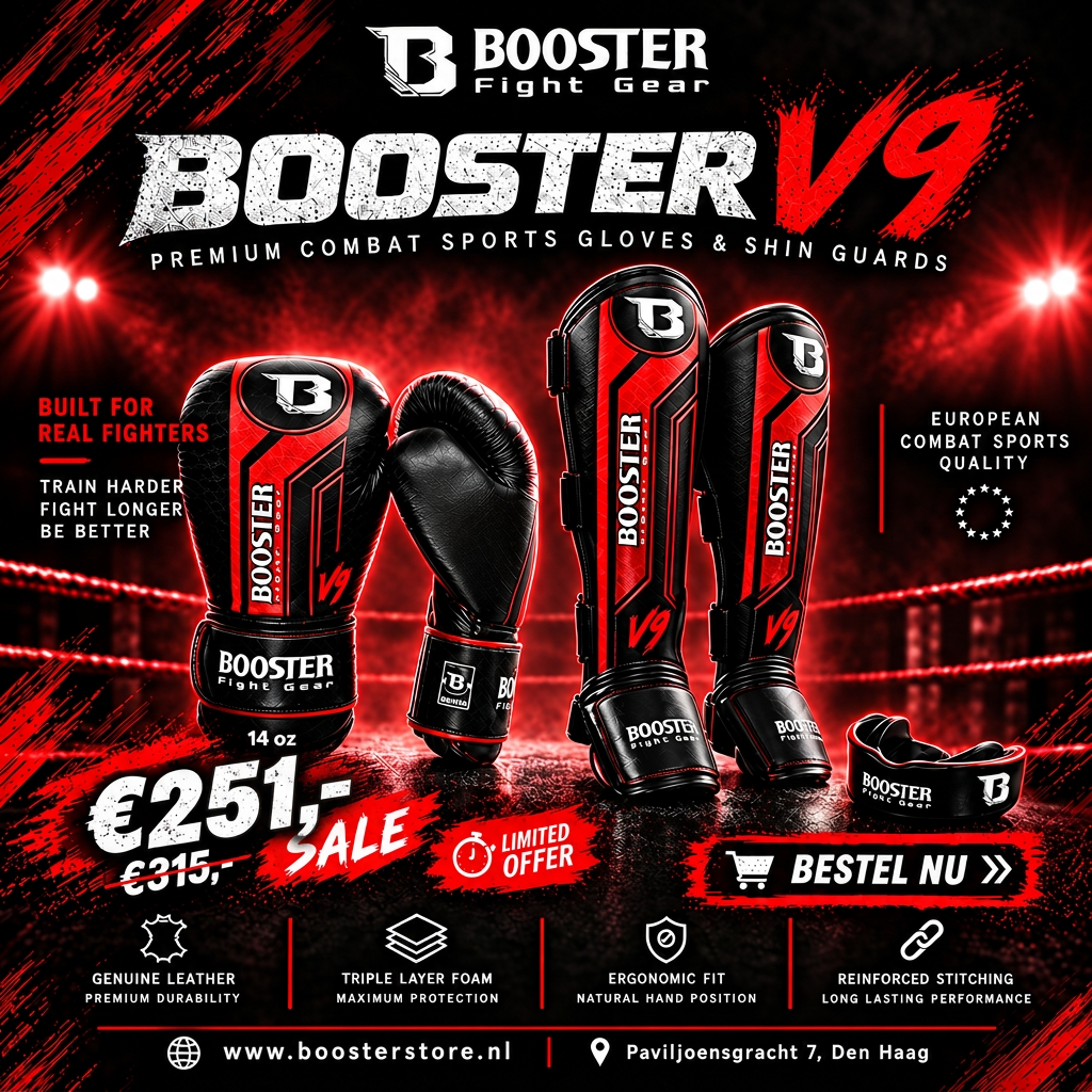 Booster V9 Kickboks Set Zwart/Rood – promotieafbeelding met zwart-rode uV9-handschoenen, scheenbeschermers en zwarte 
